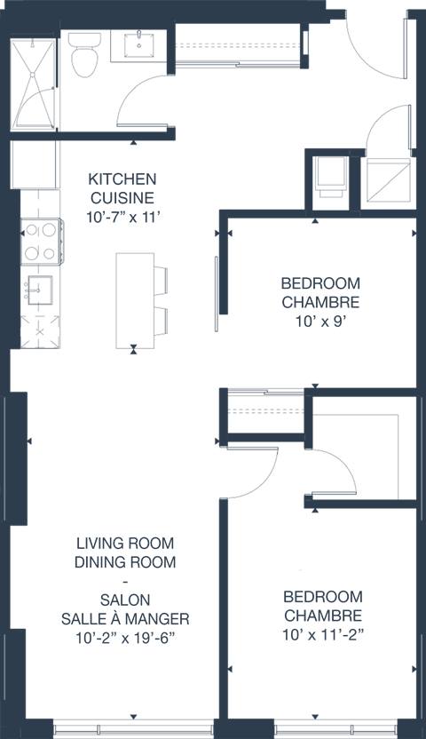 Floor plan for 2 beds, 1 bath, 863 sqft